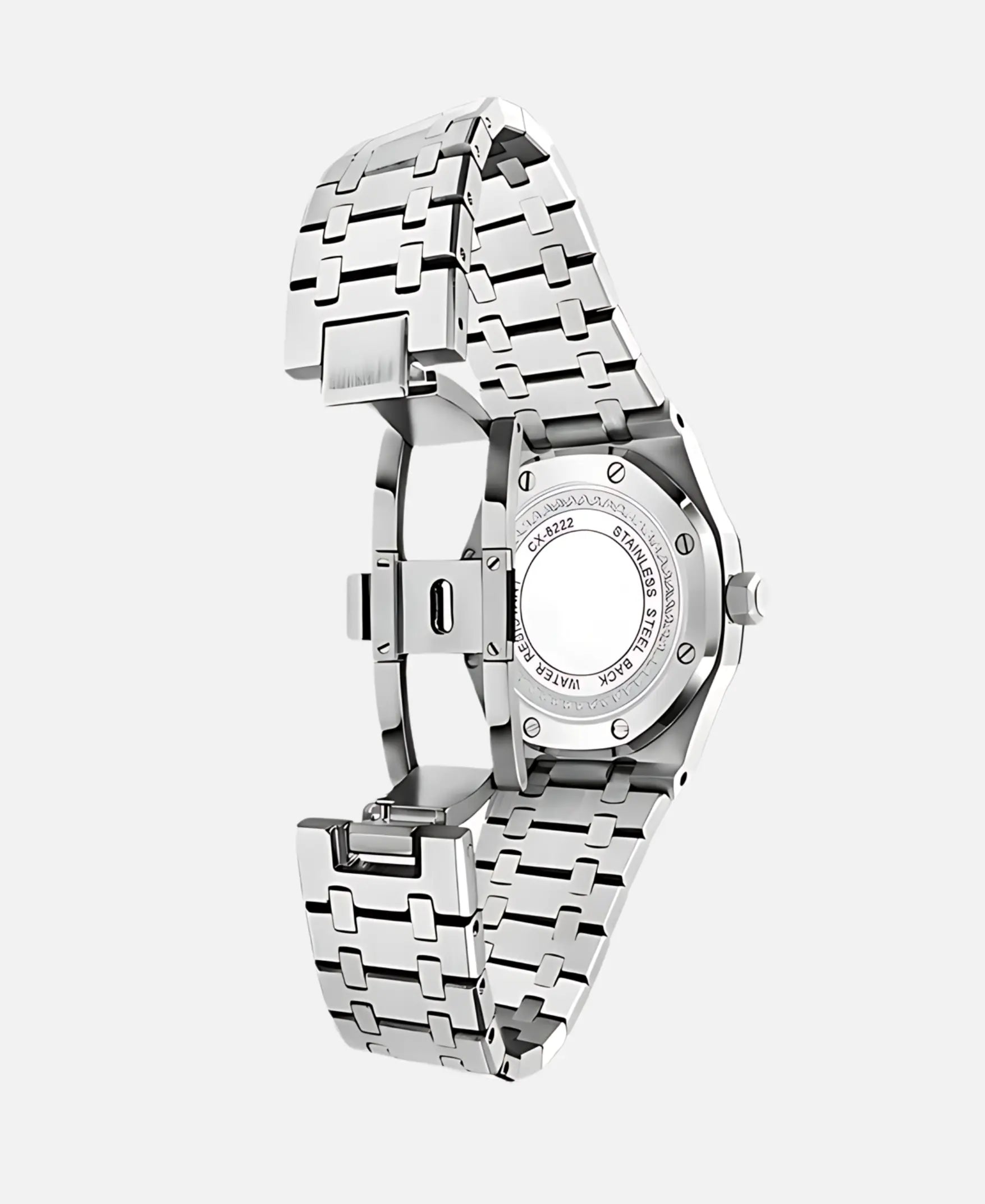 A detailed side and back view of the Kings Oak Chronograph Men's Watch, highlighting the brushed and polished stainless steel bracelet and the engraved case back. The case back shows 'STAINLESS STEEL BACK', 'WATER RESISTANT', and 'CX.822'. The open clasp mechanism is also visible.