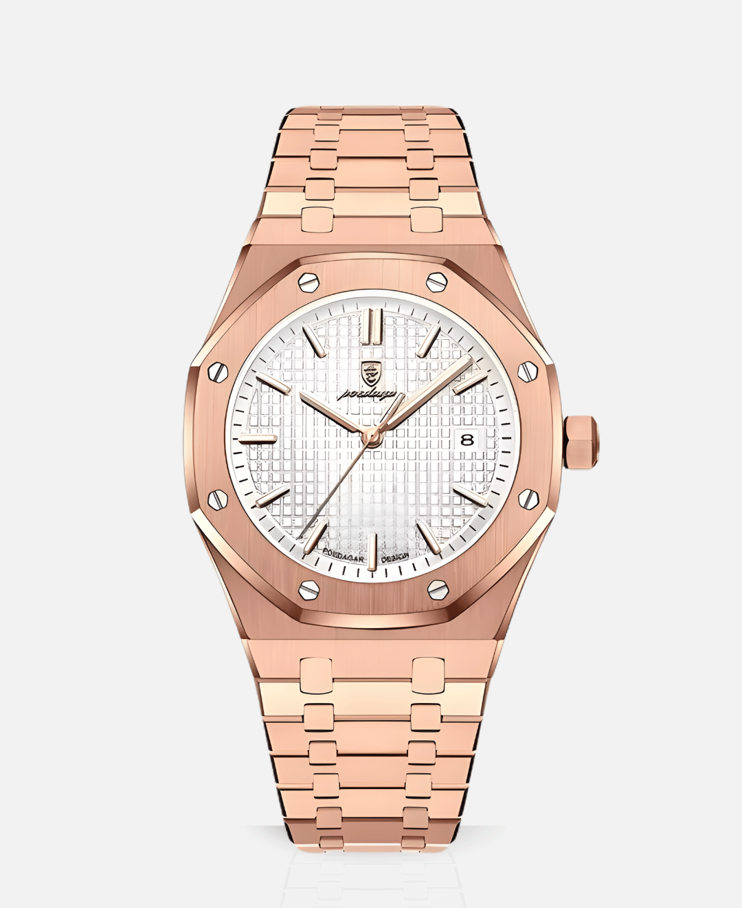 Kings Oak Oak Wood Furniture Handcrafted Finish: Front view of a rose gold watch with a white textured dial and metal strap.