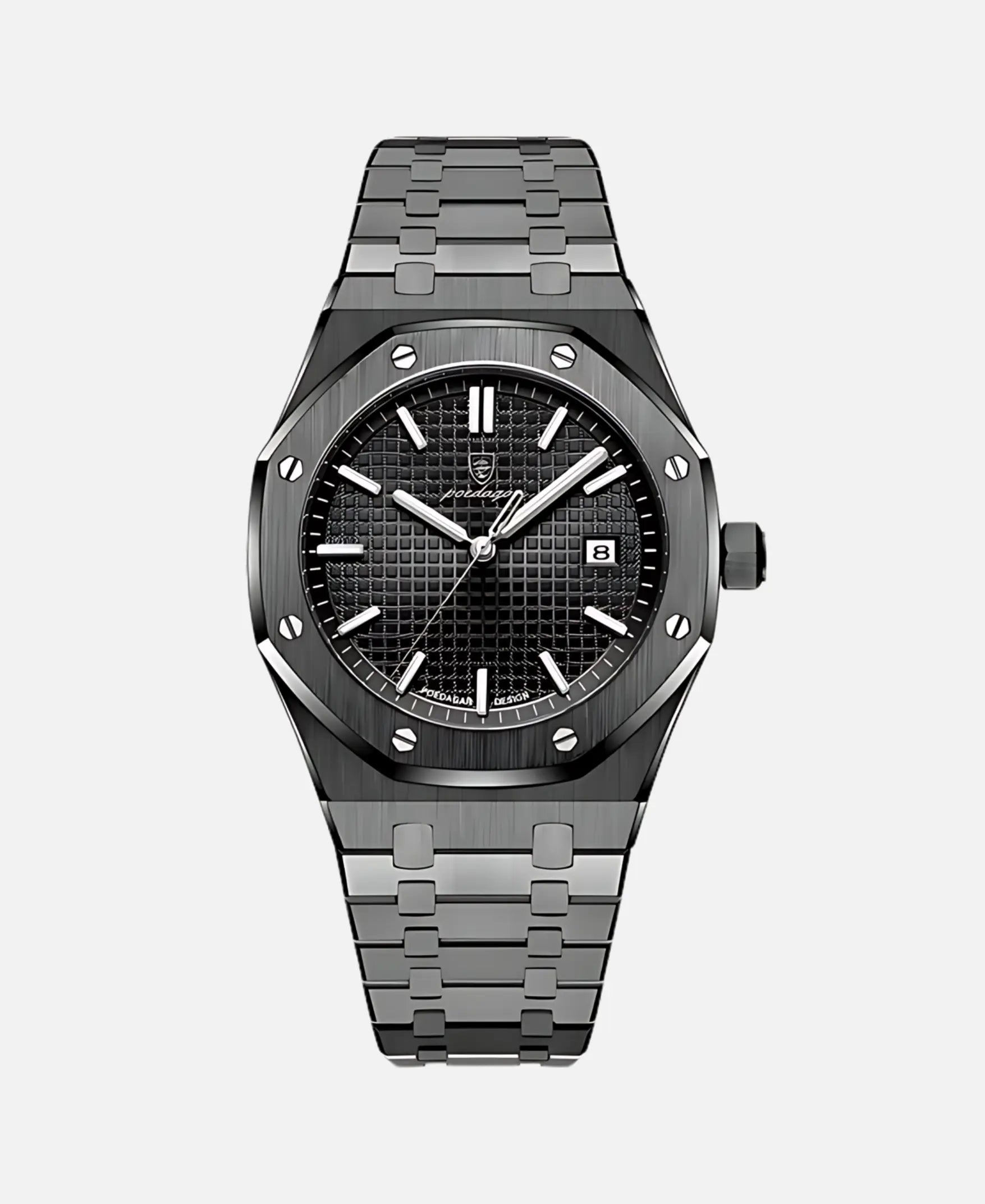Dark grey or black watch with a black textured dial and a matching metal bracelet.