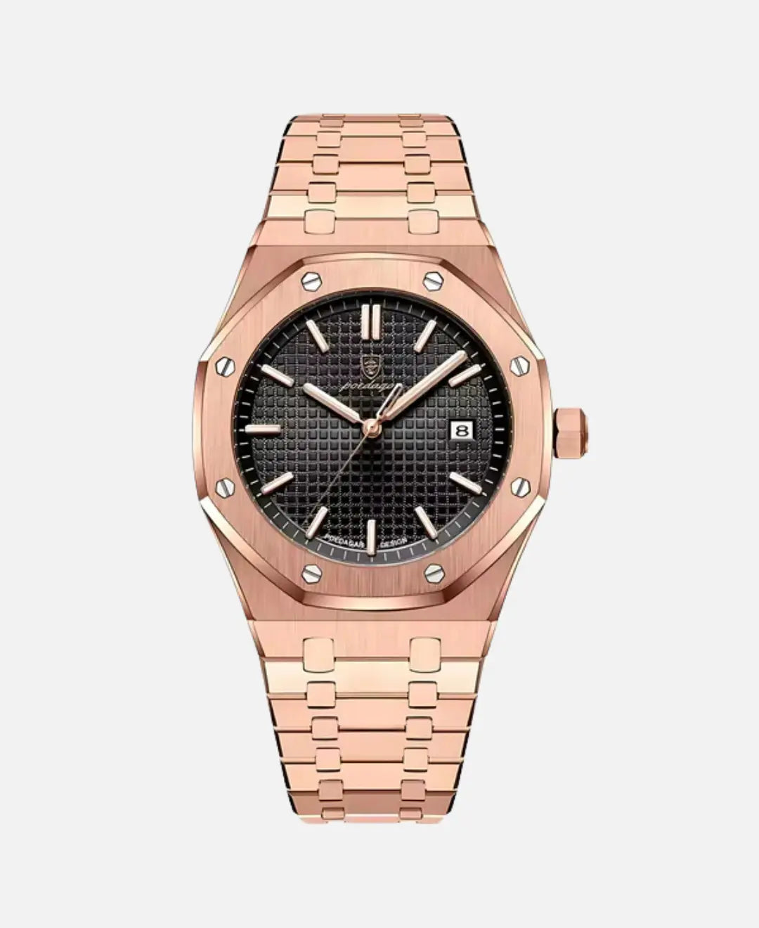 Kings Oak Wooden Jewelry Box Mahogany Finish Brass Hinges, rose gold watch black textured dial metal bracelet.