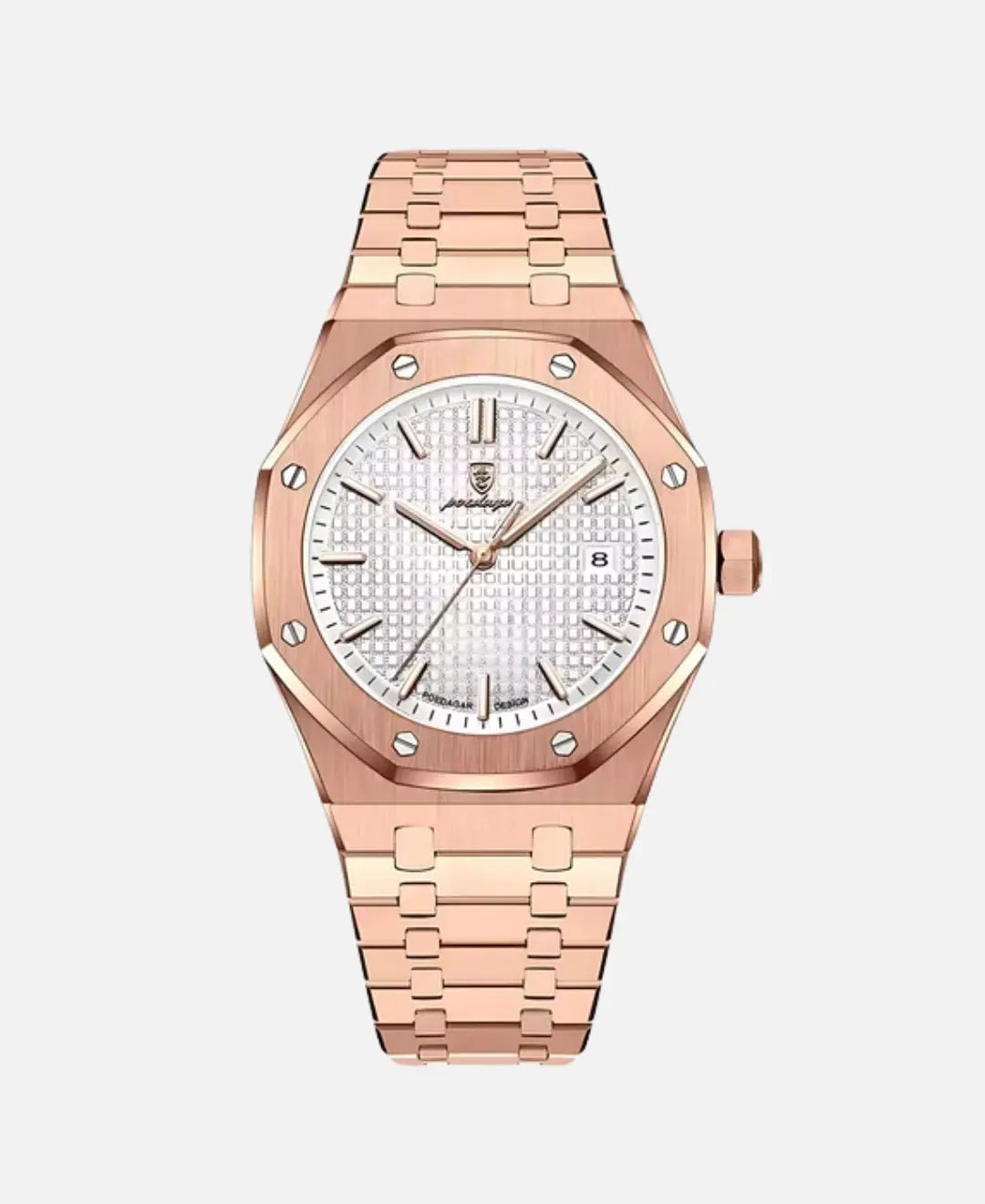 Kings Oak Wooden Jewelry Box Mahogany Finish Brass Hinges, rose gold watch white textured dial metal bracelet.