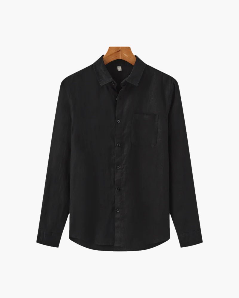 Men's Linen Essence classic fit shirt in black, displayed on a wooden hanger against a white background, showing the front view with buttons and a chest pocket.