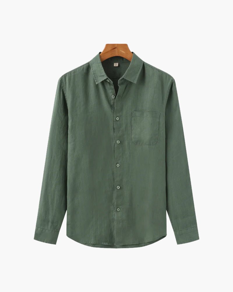 Men's classic fit 100% linen shirt in a solid green color, displayed on a hanger. Features long sleeves, a collar, and a single chest pocket. Ideal for summer casual wear.
