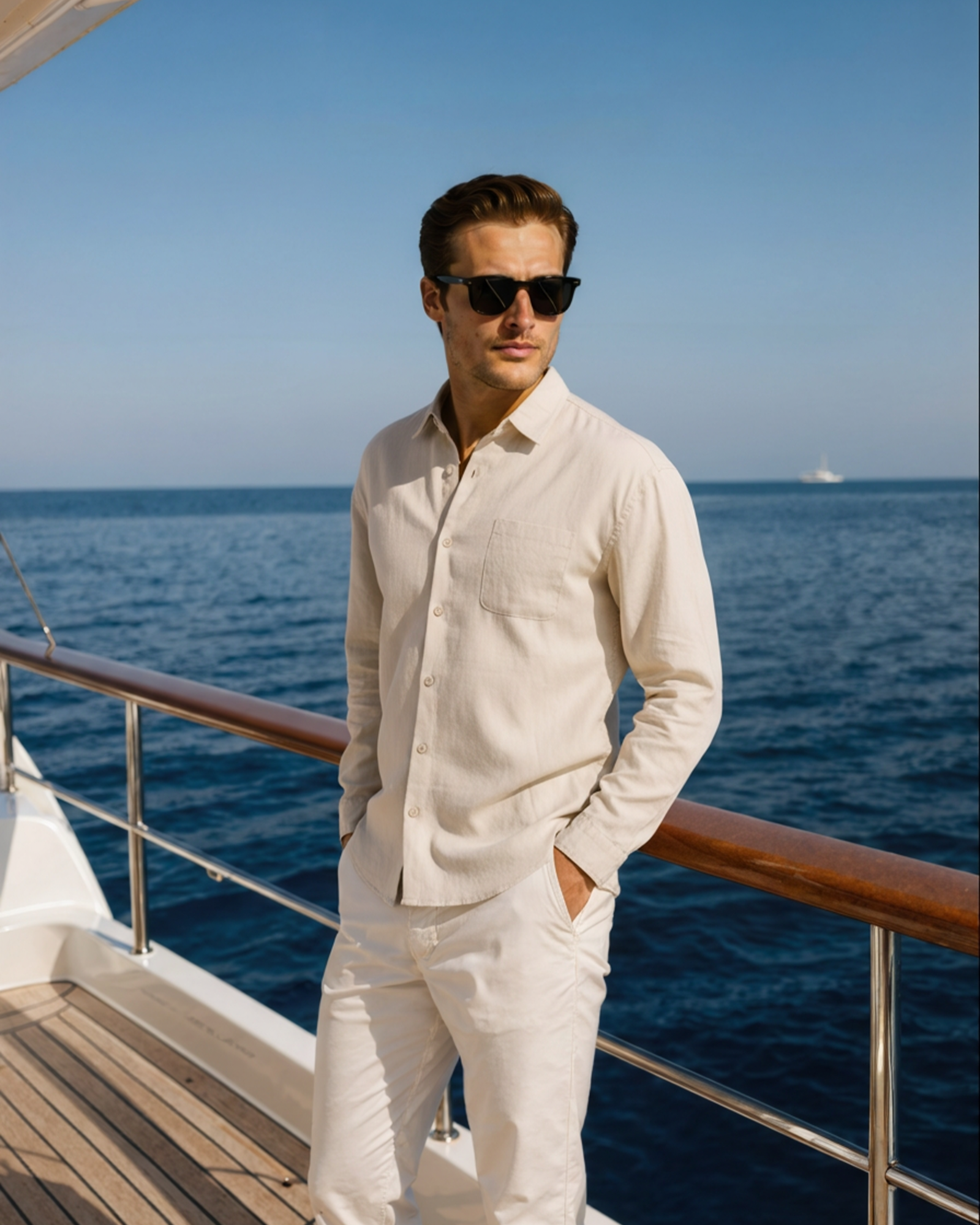 A stylish man wearing a beige Linen Essence men's shirt and white pants, standing on a boat deck with the ocean in the background. He is wearing sunglasses, showcasing a classic fit and summer fashion.