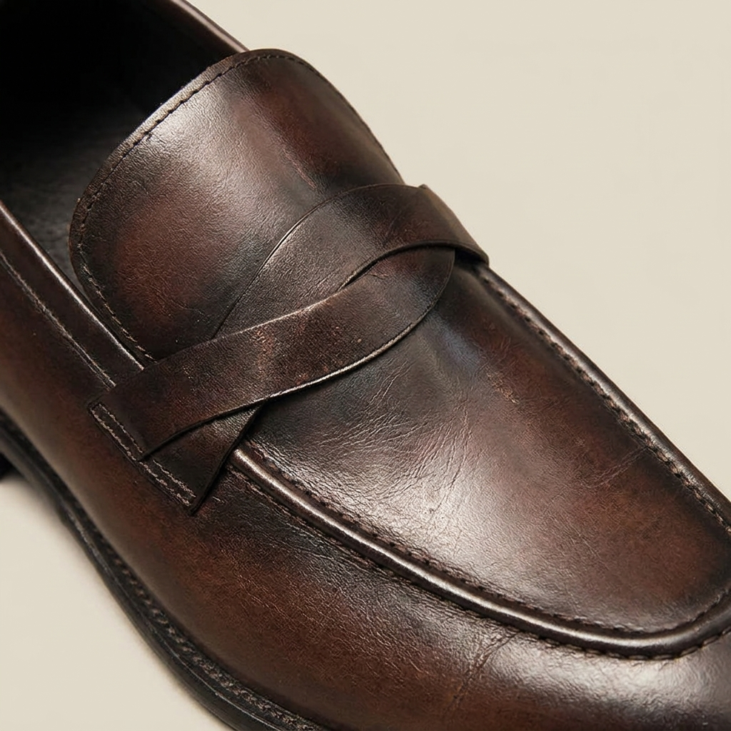 Close-up side profile of solid black leather patchwork loafer showing medium opening and flat heel design