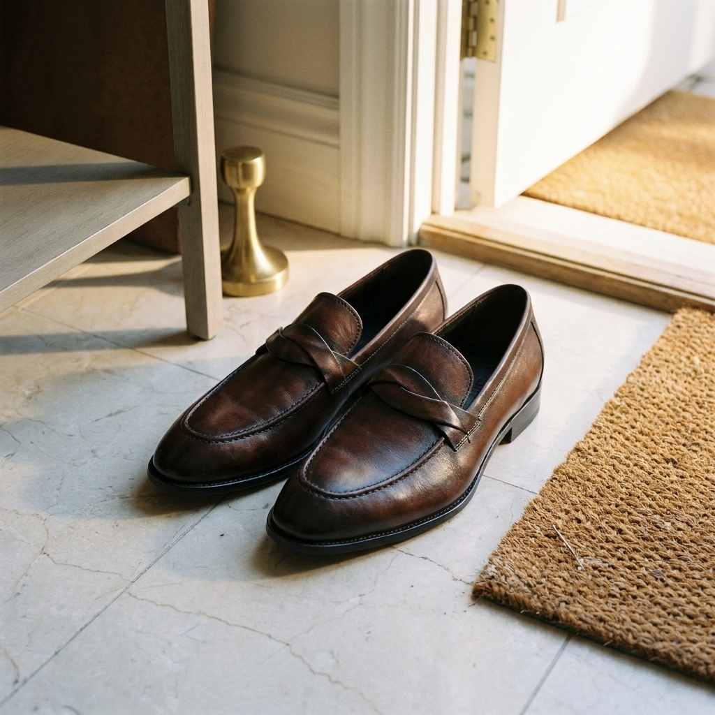Worn black leather patchwork loafers shown side profile near club chair highlighting flat heel and casual style