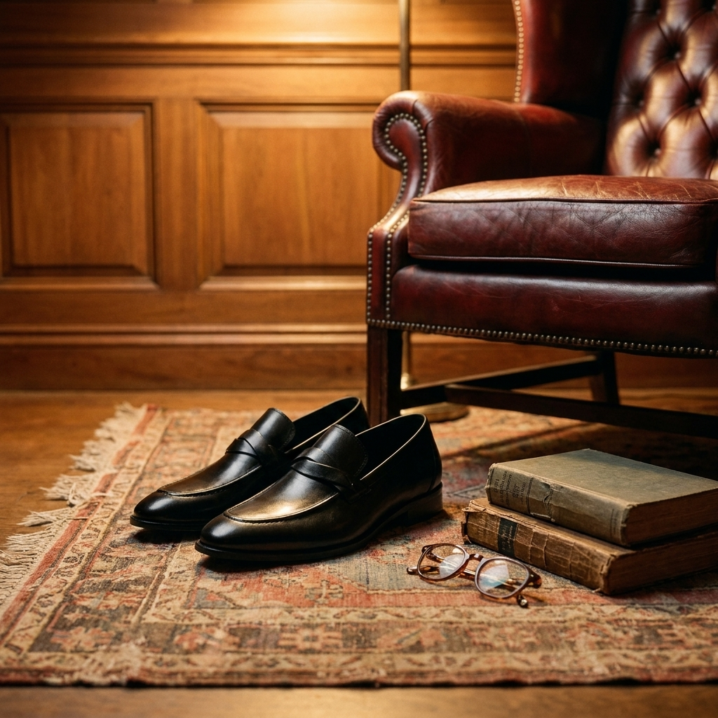 Black leather patchwork loafers at three-quarter angle on marble entryway floor showing non-slip sole and flat heel