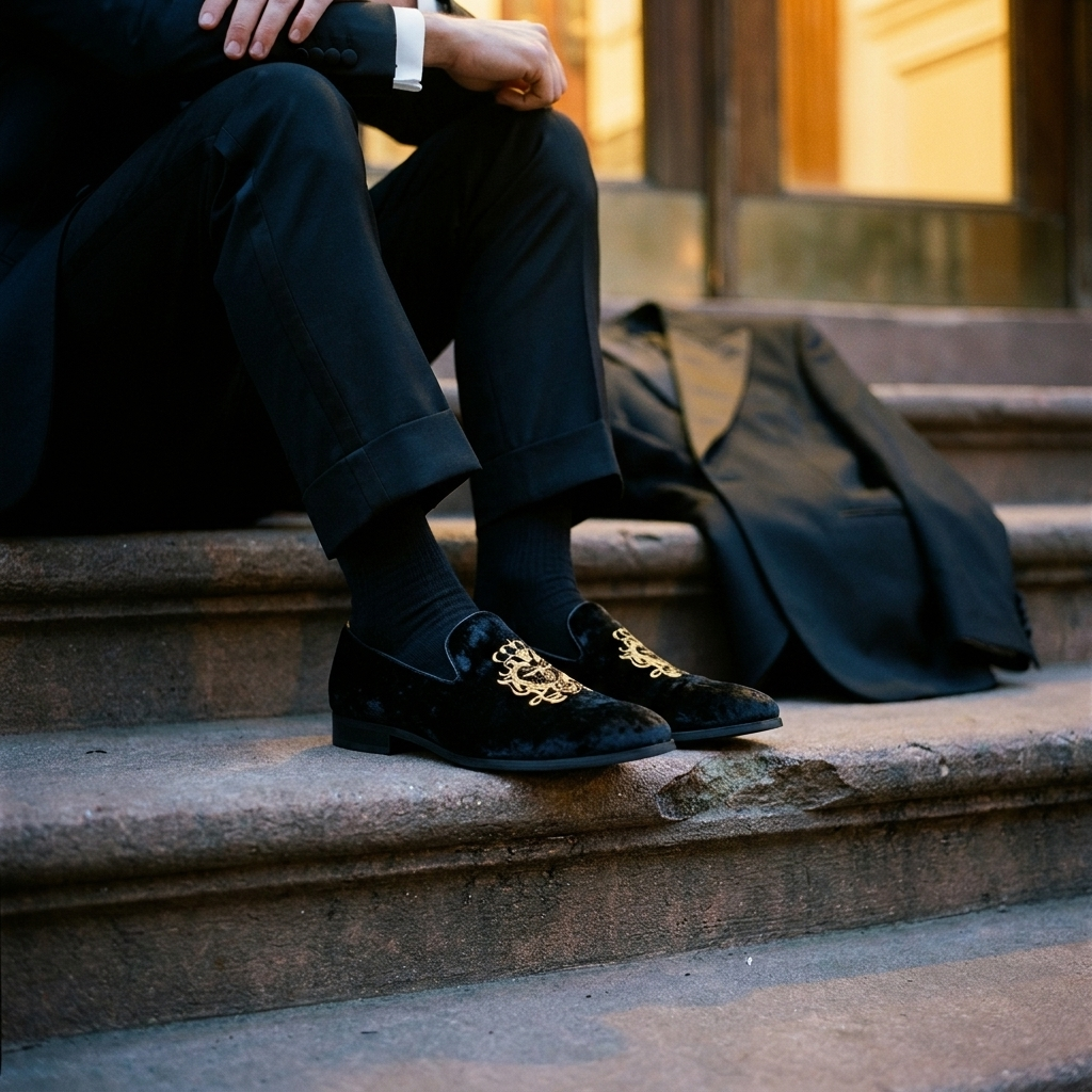 Black leather patchwork loafers at three-quarter angle displayed in open shoe box showing medium opening and flat heel