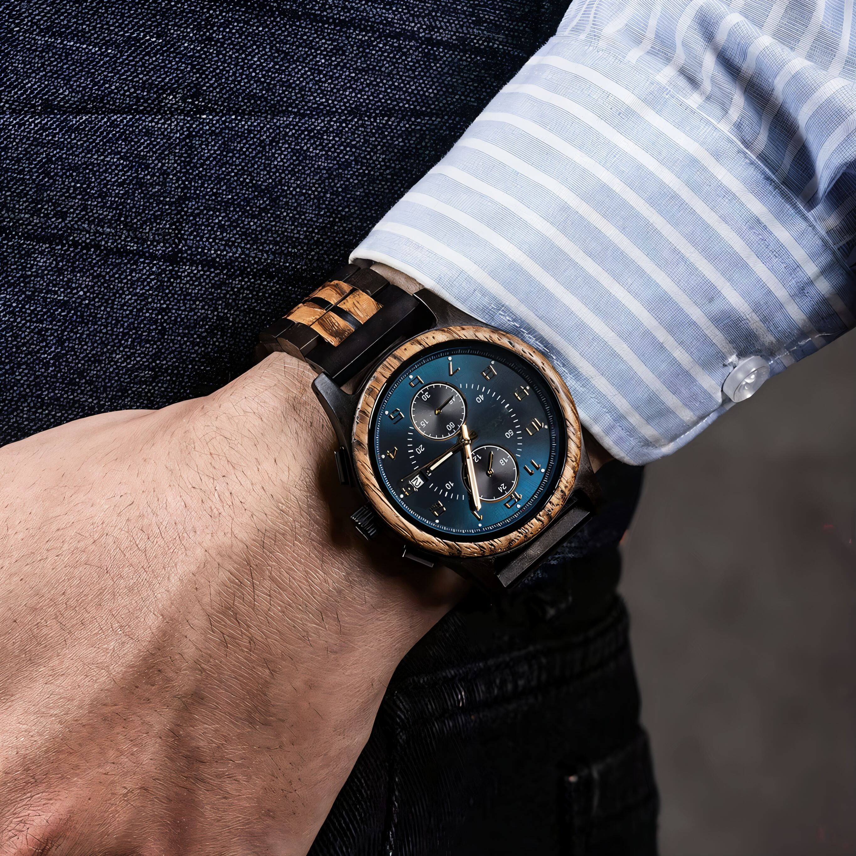 Majestic Noir men's wooden watch with stainless steel accents worn on a man's wrist, paired with a striped shirt and dark jeans.