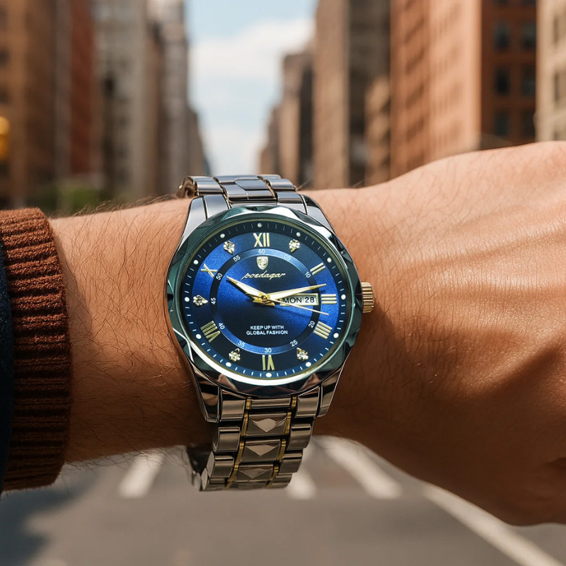 Maverick Luxe men's watch in stainless steel and gold, featuring a blue dial with date display and luminous hands, worn on a man's wrist with a brown sweater, against a blurred city street background.