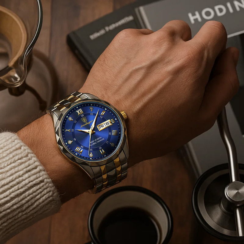 Maverick Luxe men's watch in stainless steel and gold, featuring a blue dial with date display, worn on a man's wrist in a coffee shop setting.