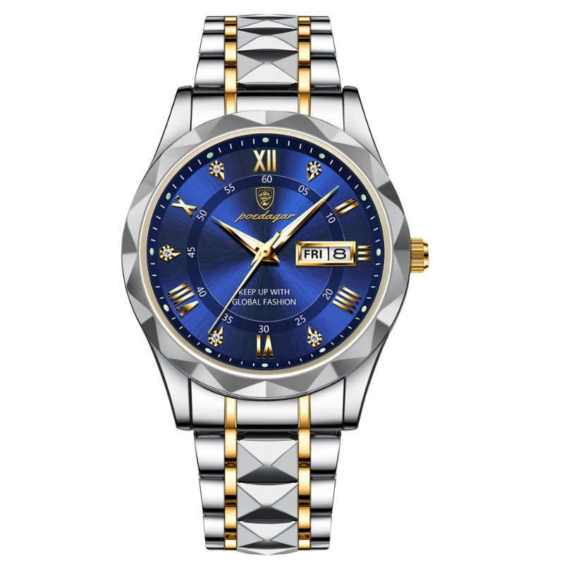 Maverick Luxe men's watch in stainless steel and gold two-tone, featuring a blue dial with date display, presented on a clean white background.