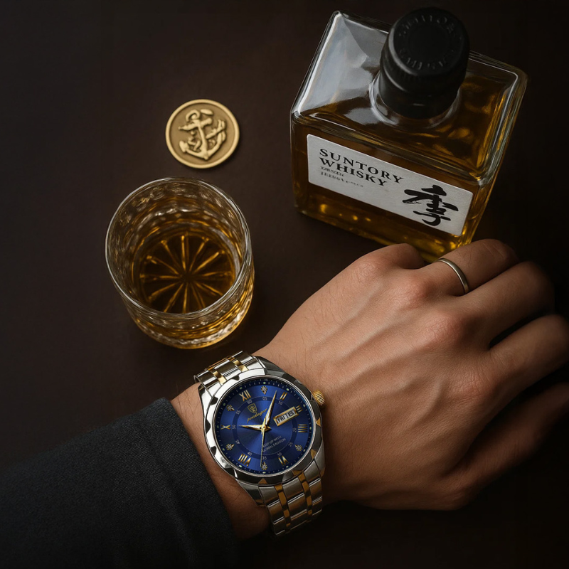 Maverick Luxe men's watch in stainless steel gold two-tone with blue dial and date display, worn on a man's wrist next to a bottle of Suntory Whisky, a glass, and an anchor coin.