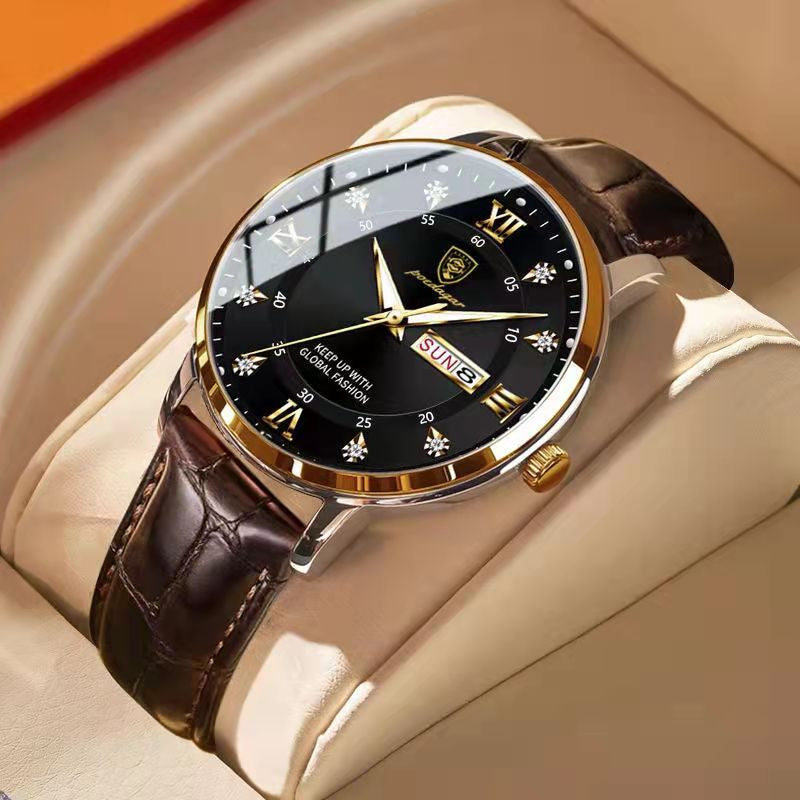 Celestial Luxe Men's Quartz Watch with gold case, black dial, date display, and brown crocodile-patterned leather band, presented on a beige display stand.