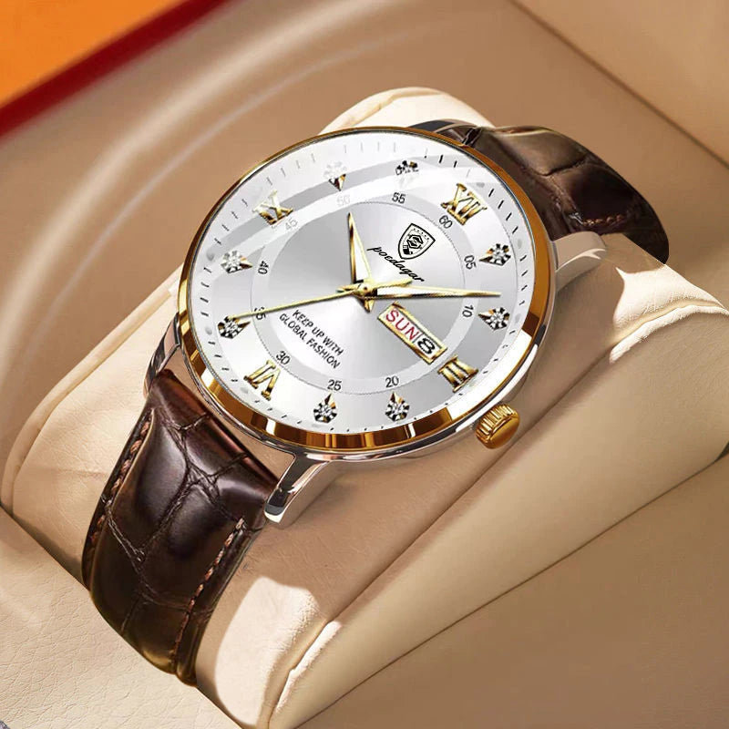 Celestial Luxe Men's Quartz Watch with gold case, white dial, date display, and brown crocodile-patterned leather band, presented on a beige display stand.