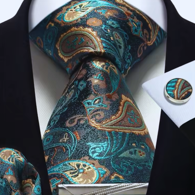 Patterned tie, pocket square, and cufflinks set on a white background