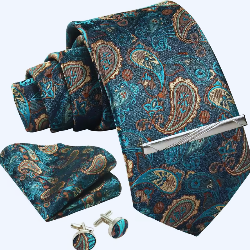 Teal paisley tie set with pocket square, cufflinks, and tie clip on a white background