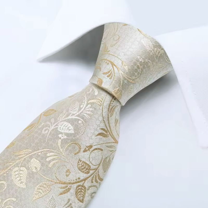 Beige floral patterned tie on a white shirt against a light gray background