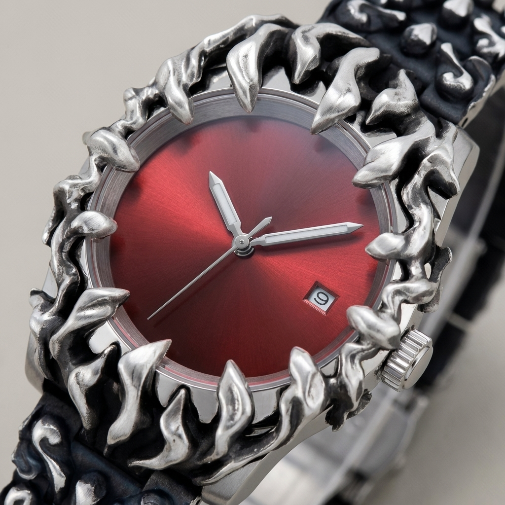 Black dial Metal Round Screw-Down Crown Quartz Analog Men's Watch front detail close-up showing metal case and alloy band