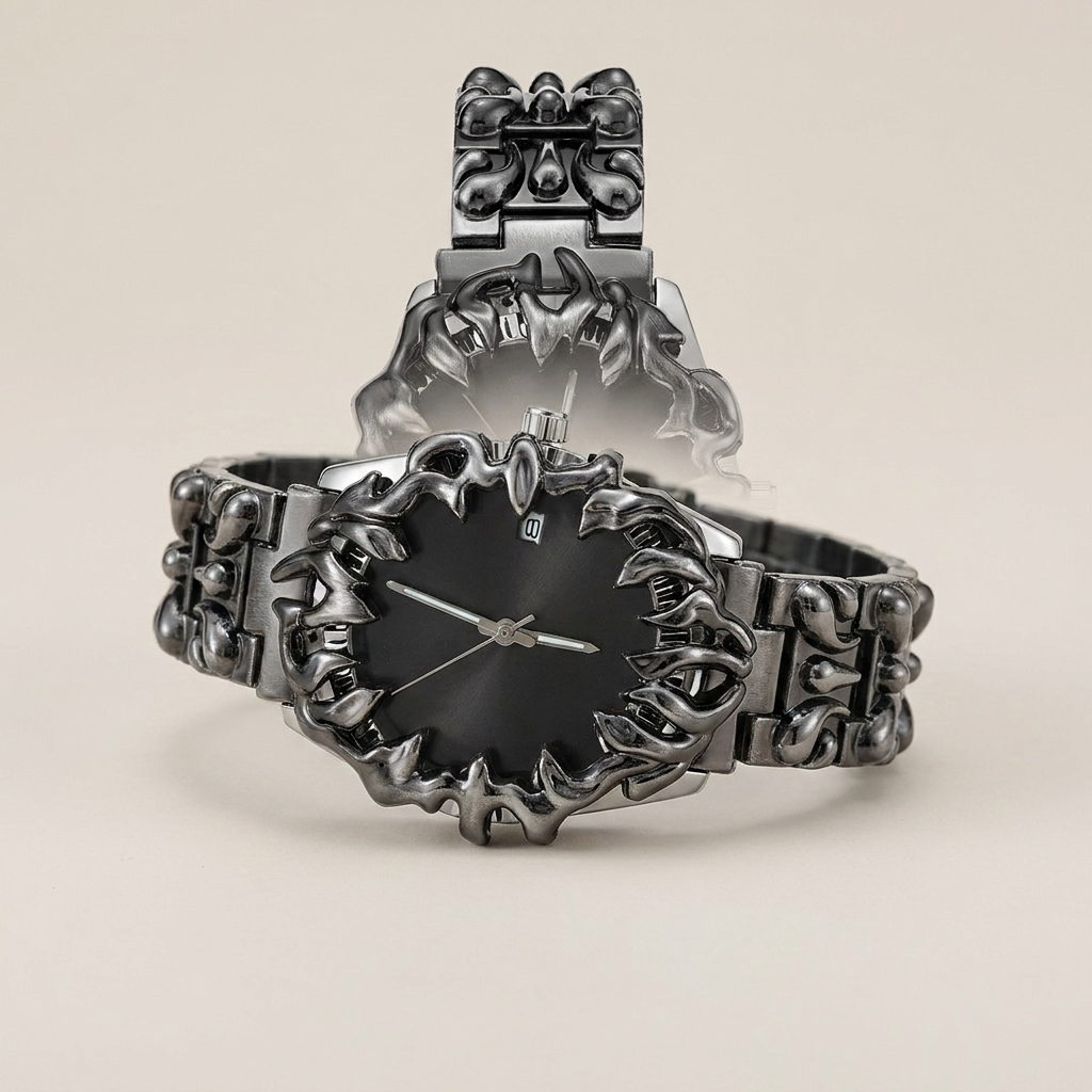 Black dial Metal Round Screw-Down Crown Quartz Analog Men's Watch top-down view showing alloy band and butterfly clasp