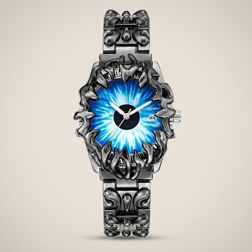 Blue dial Metal Round Screw-Down Crown Quartz Analog Men's Watch close-up showing analog hands and mineral glass crystal