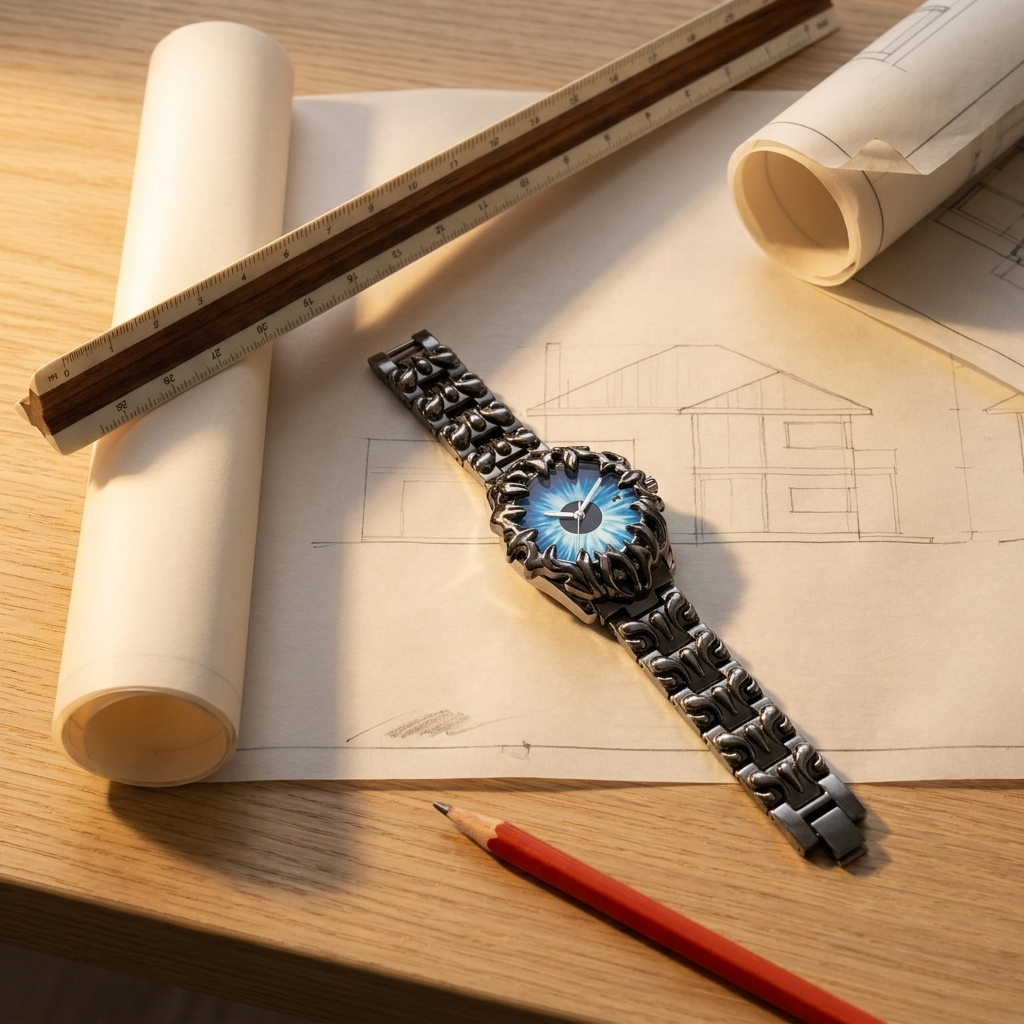 Blue dial Metal Round Screw-Down Crown Quartz Analog Men's Watch lifestyle scene on architect parchment vellum with natural light