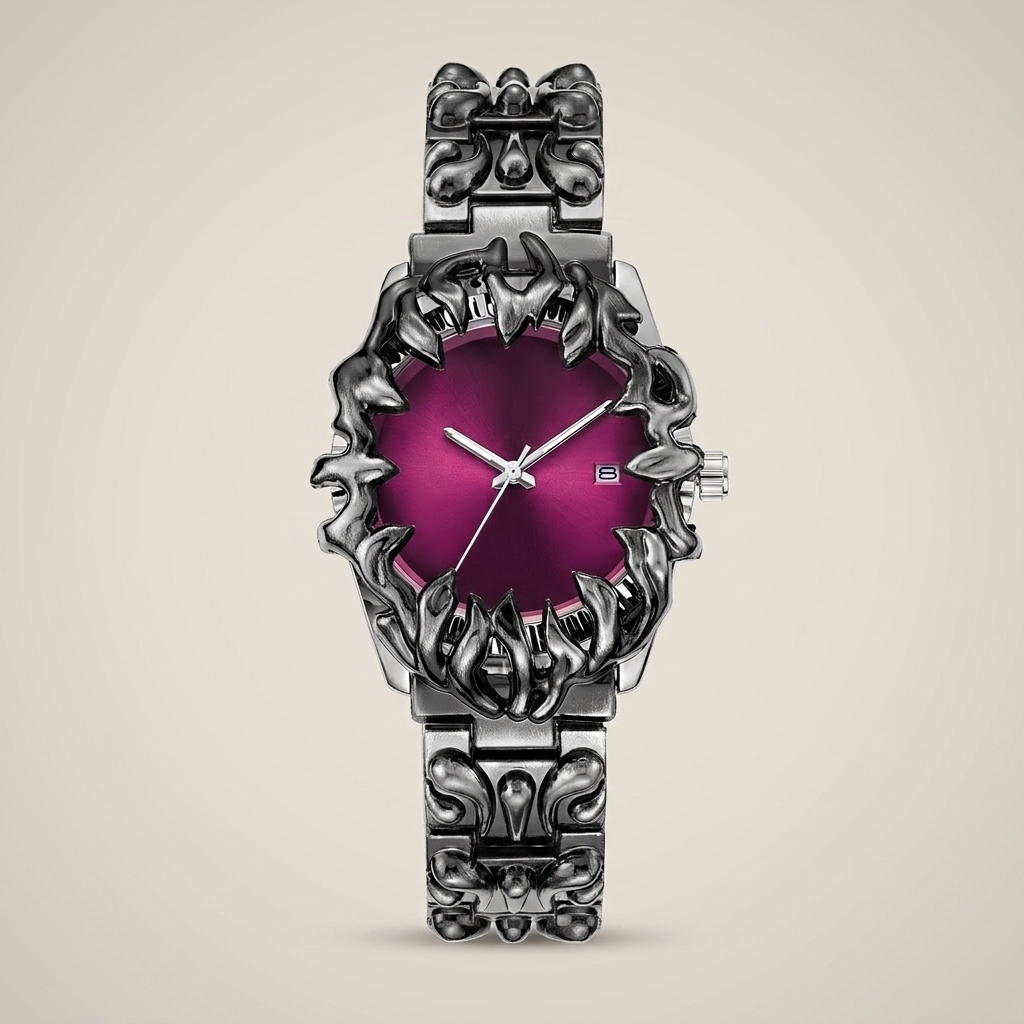 Burgundy dial Metal Round Screw-Down Crown Quartz Analog Men's Watch detail shot focusing on screw-down crown and metal case