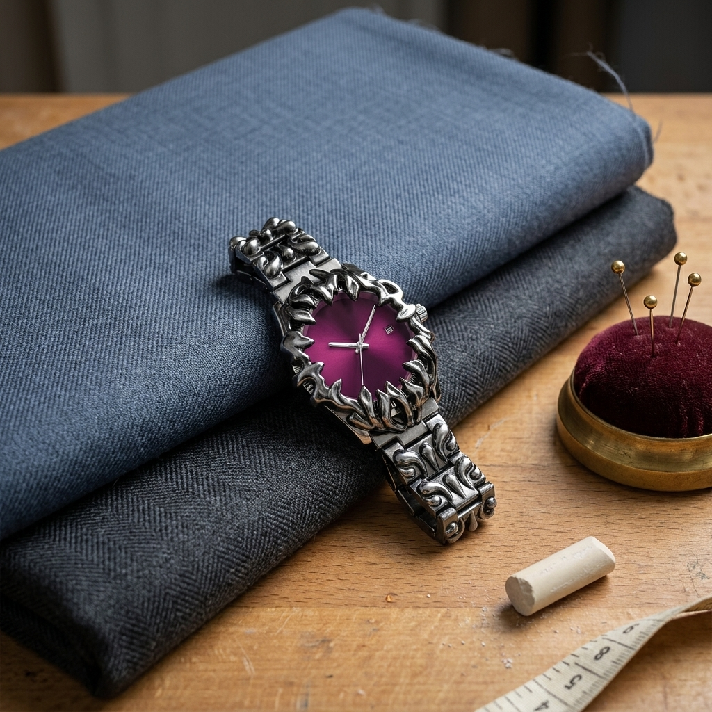 Burgundy dial Metal Round Screw-Down Crown Quartz Analog Men's Watch lifestyle scene in tailor's atelier with wool bolt fabric