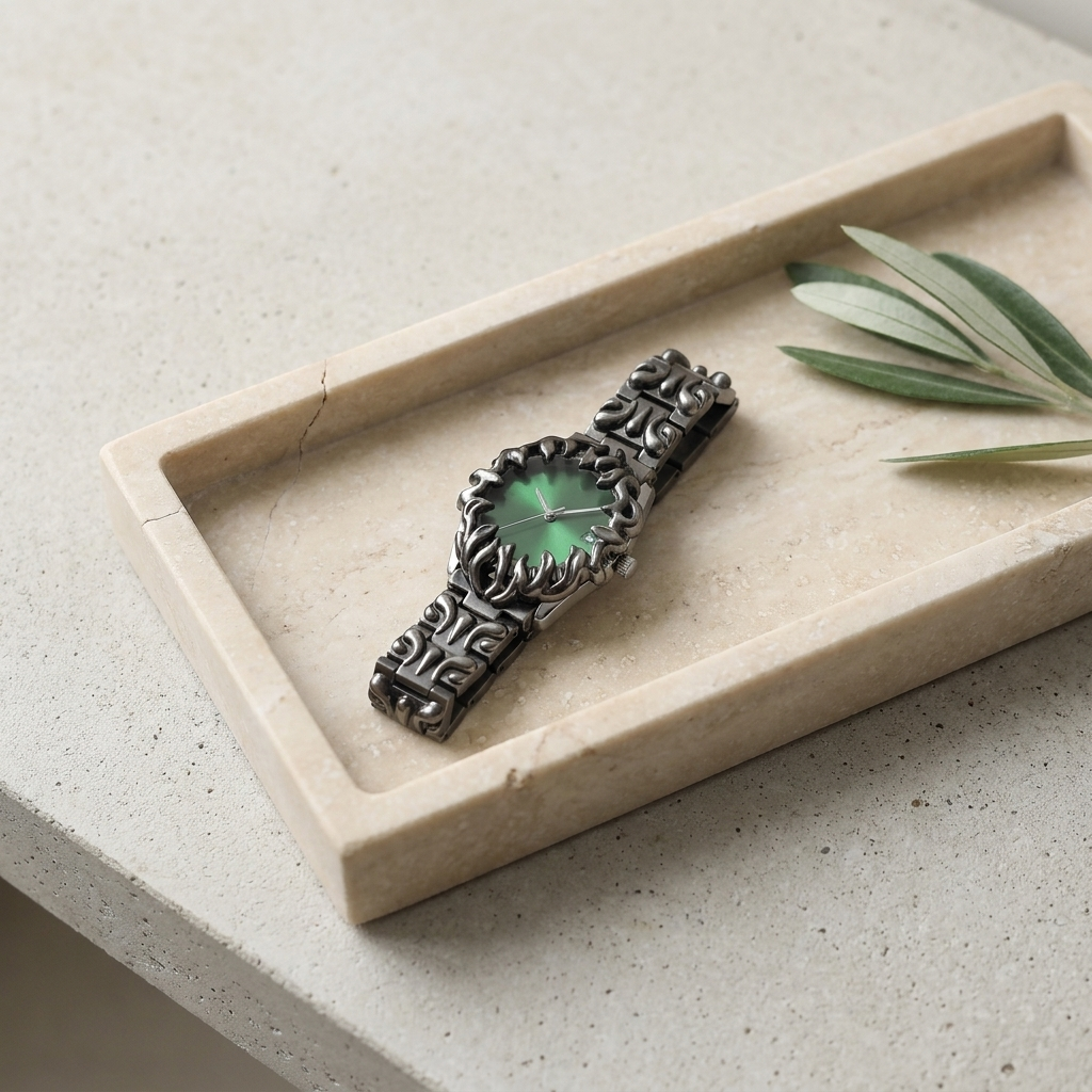 Green dial Metal Round Screw-Down Crown Quartz Analog Men's Watch lifestyle scene on honed travertine tray with ambient light