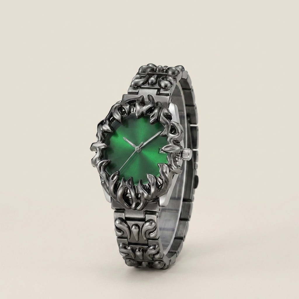Green dial Metal Round Screw-Down Crown Quartz Analog Men's Watch at three-quarter angle showing mineral glass crystal