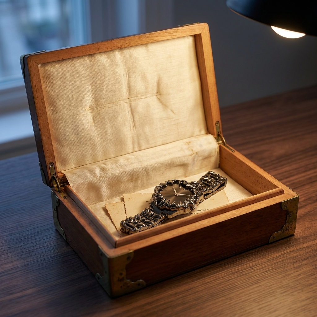 Grey dial Metal Round Screw-Down Crown Quartz Analog Men's Watch lifestyle scene on vintage cigar box with silk cloth
