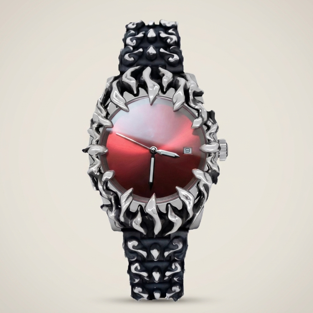 Red dial Metal Round Screw-Down Crown Quartz Analog Men's Watch shown front view with metal case and alloy band