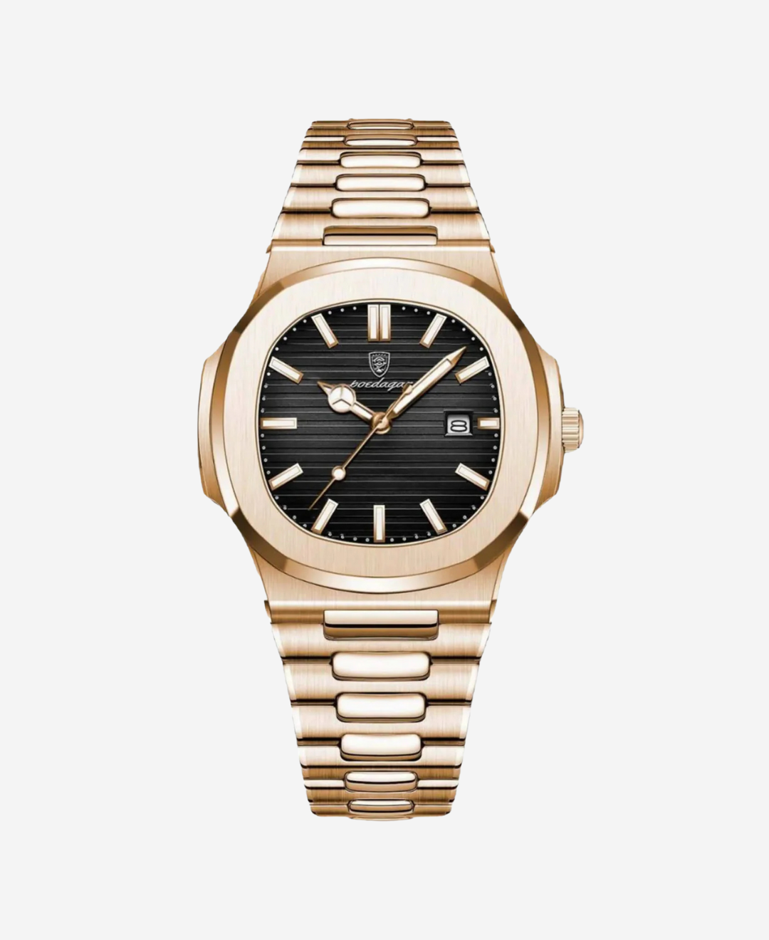 Nautilius smartwatch with a gold-tone stainless steel case and strap, featuring a black dial with horizontal stripes and a date display, presented on a white background.