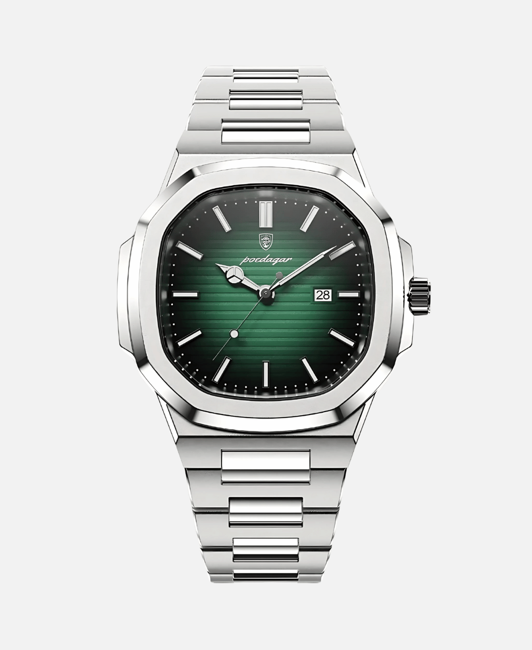 Nautilus Luxury Watch Stainless Steel with Sapphire Crystal, featuring a silver-tone case and bracelet with a vibrant green dial and date window.