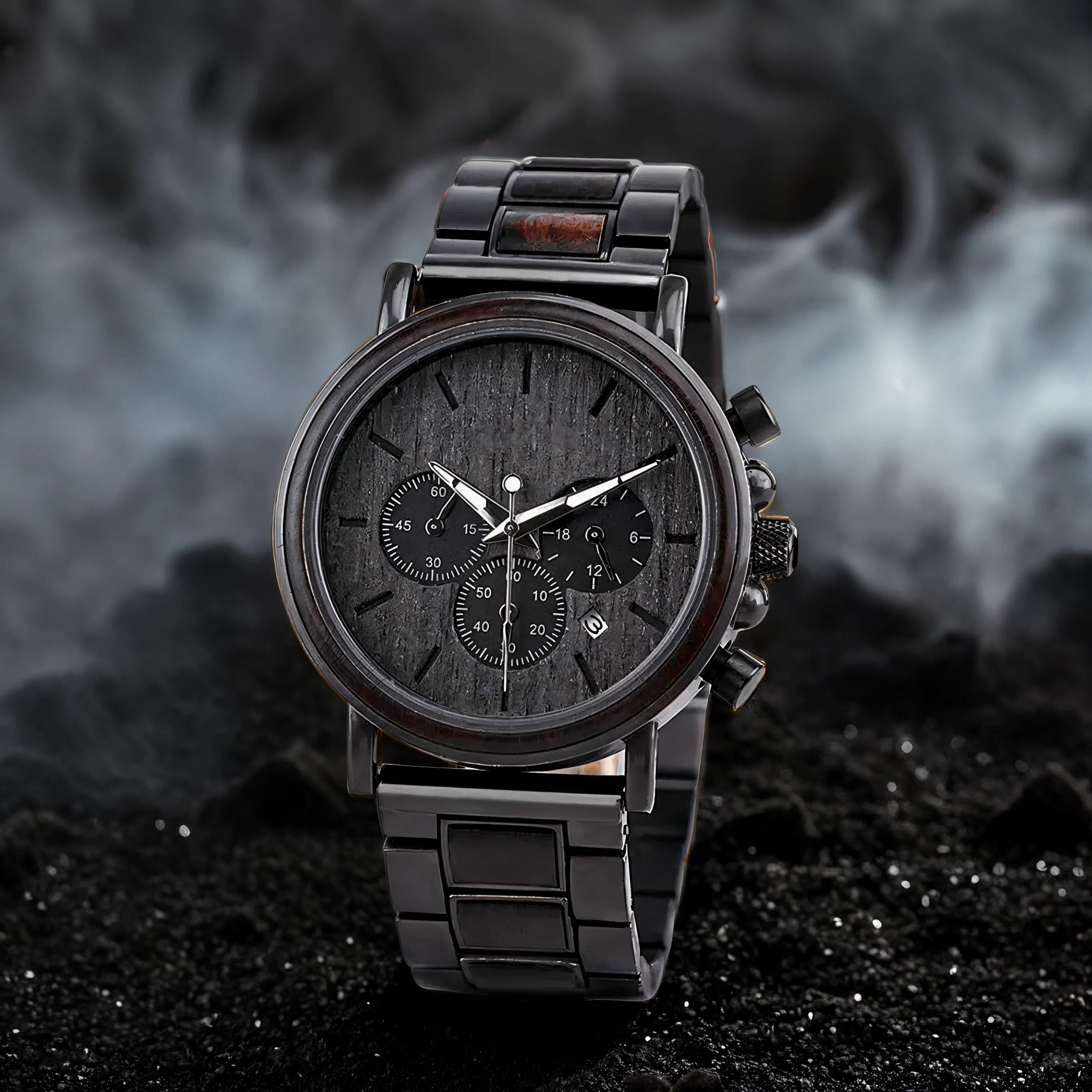 A close-up shot of the Nero Collection men's wooden watch with a minimalist design, featuring a dark wood grain dial and strap, set against a dramatic smoky background.