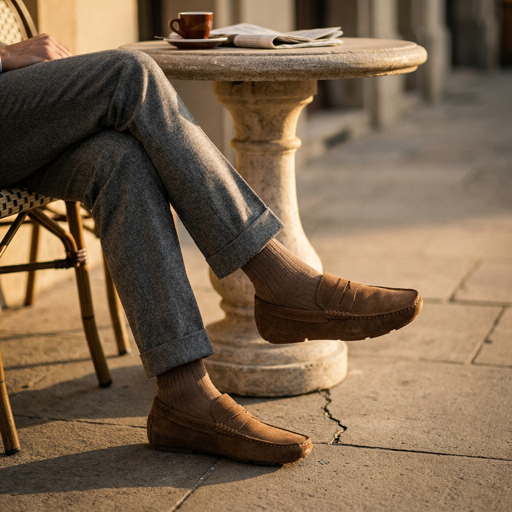 Black nubuck leather slip-on loafer at three-quarter angle on cafe terrace with worn look highlighting stitching and flat heel