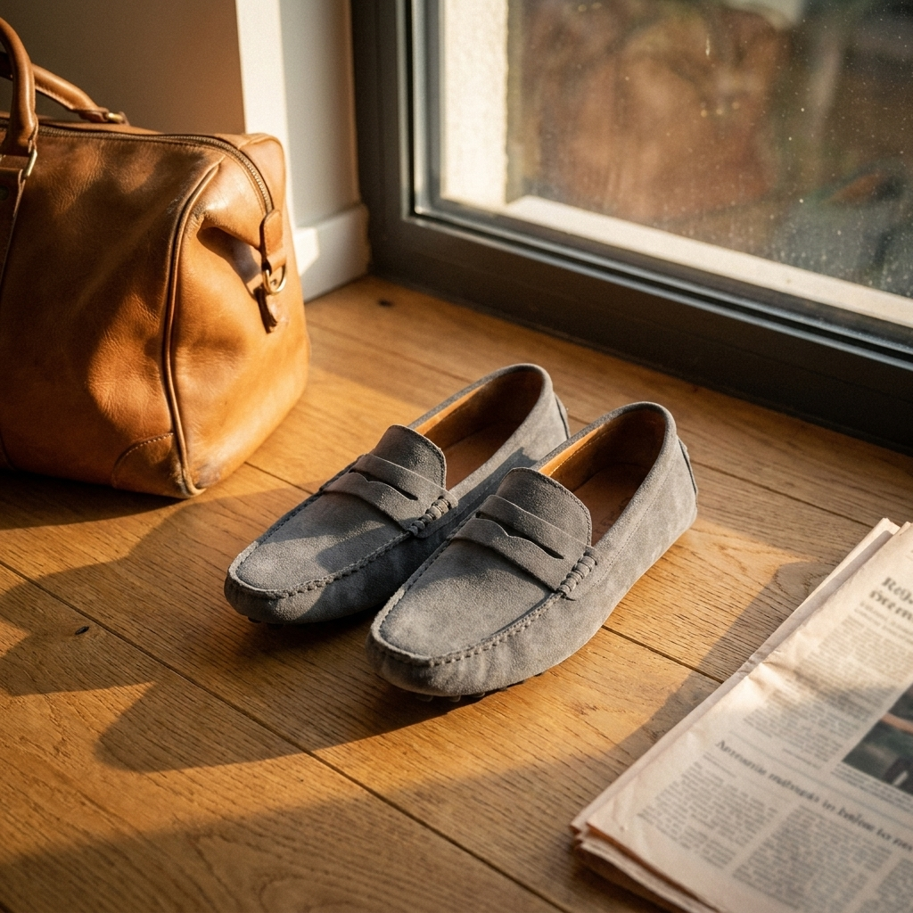 Black nubuck leather slip-on loafer at three-quarter angle on oak floor near window with natural light highlighting stitching