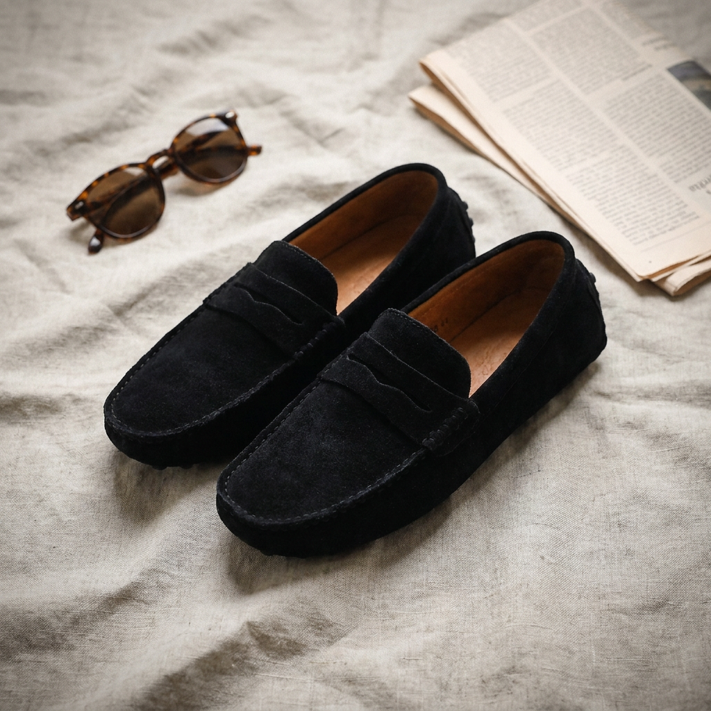 Black nubuck leather breathable slip-on loafer shown top-down flat lay on soft linen background with round toe and flat heel