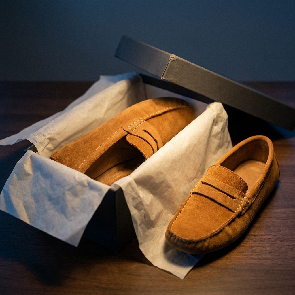 Black nubuck leather breathable slip-on loafer top-down inside open shoe box with soft light showing round toe and stitching