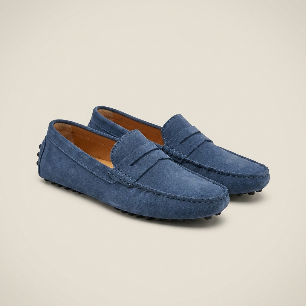 Burgundy nubuck leather breathable slip-on loafer at three-quarter angle highlighting slip-on style and stitching details