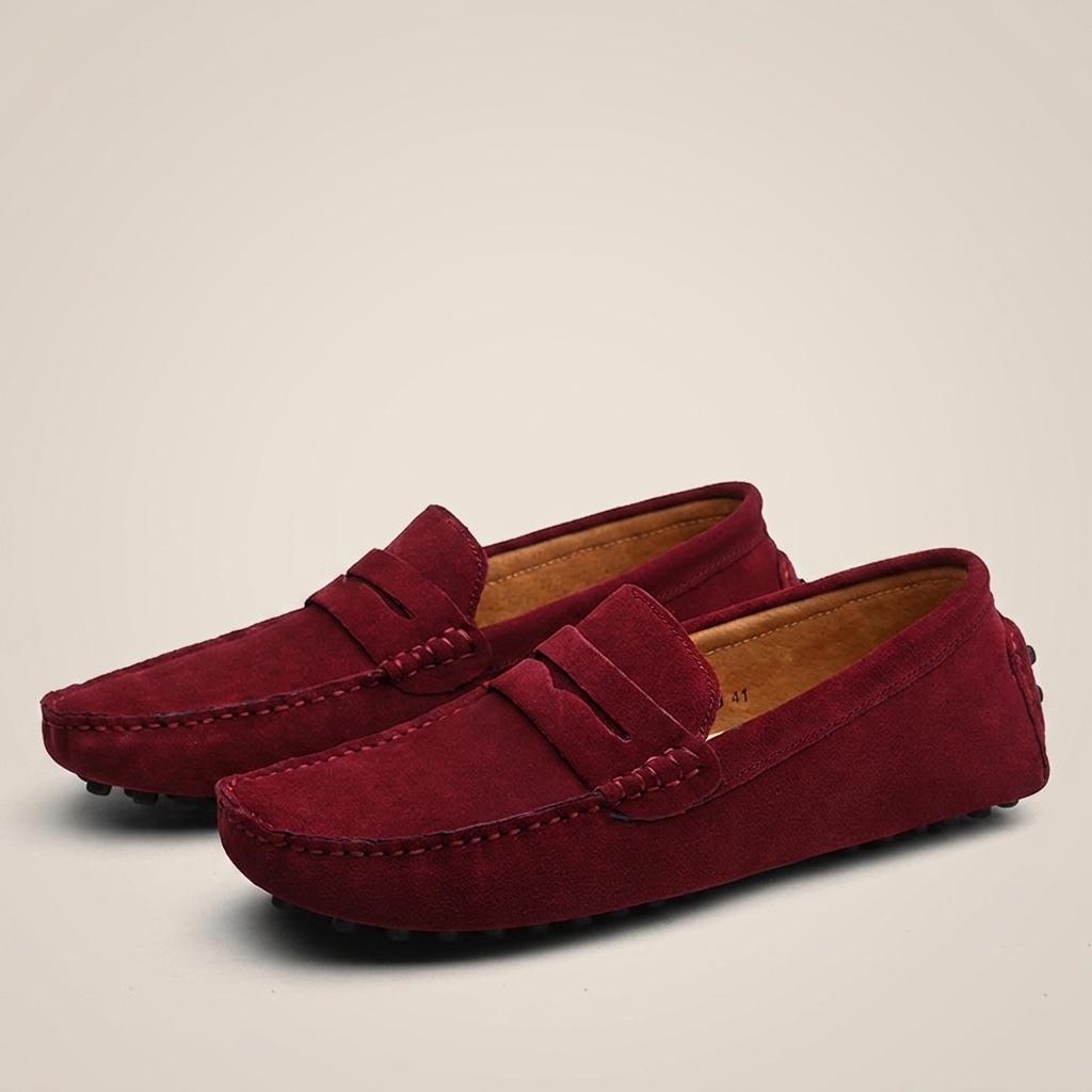 Khaki nubuck leather breathable slip-on loafer detail shot showing breathable upper texture, flat heel and slip-on design