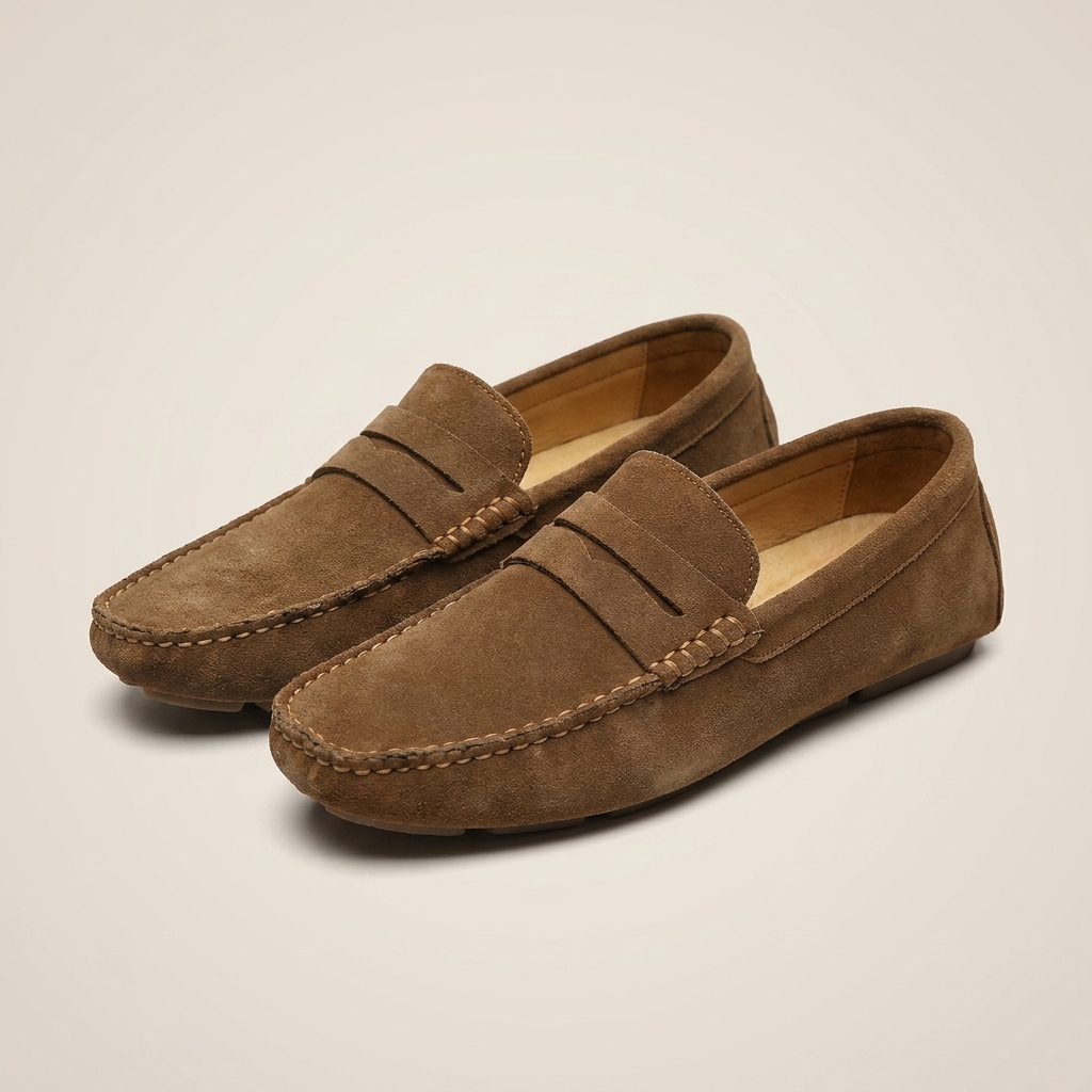Navy nubuck leather breathable slip-on loafer front close-up showing round toe, flat heel and visible stitching details