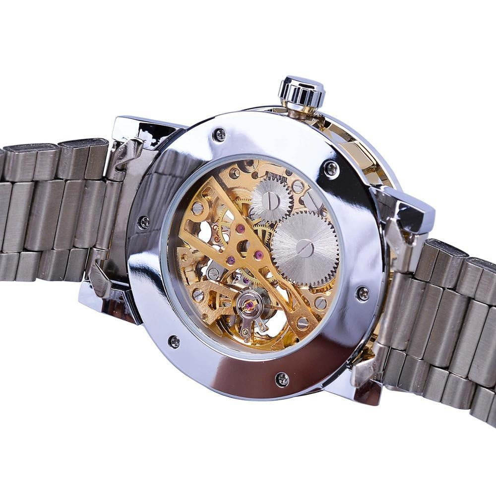 Back view of the Opulence Elite men's stainless steel watch, showcasing the transparent case back revealing the intricate gold and silver mechanical gears and movement.