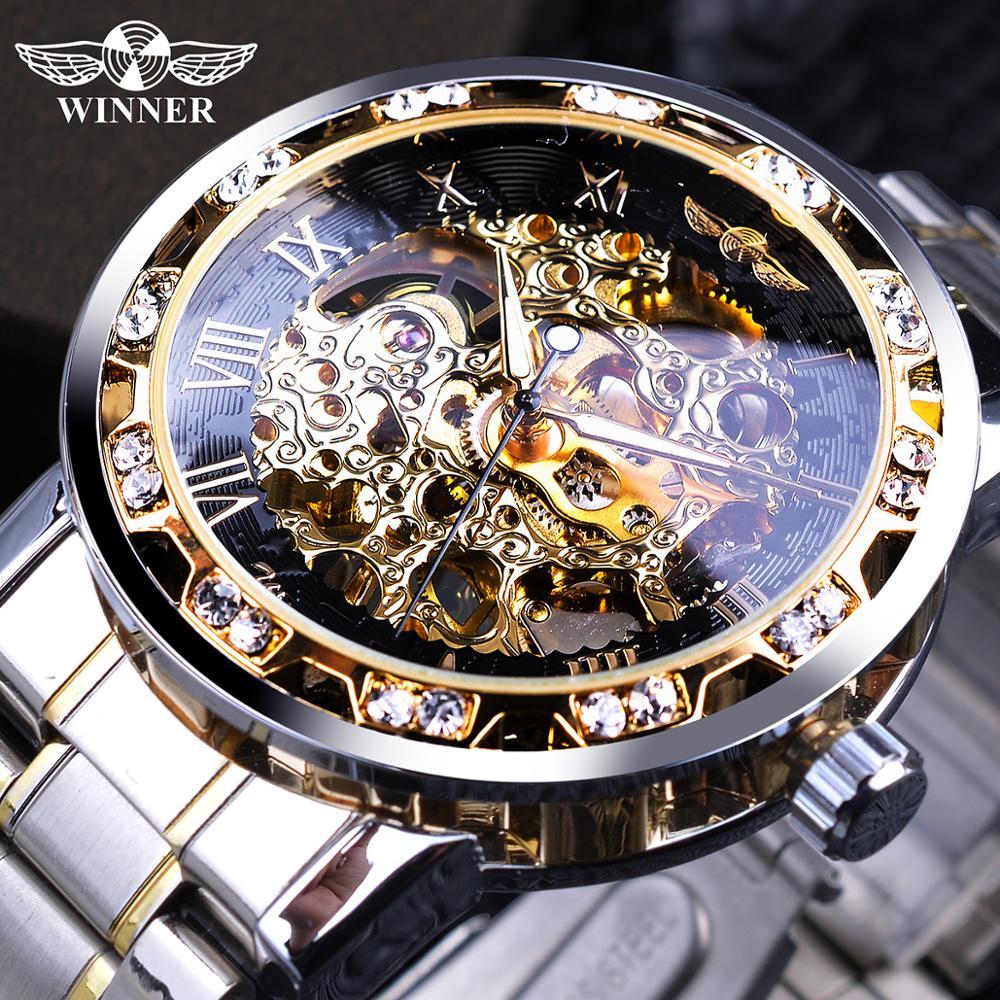 Close-up of Opulence Elite men's stainless steel watch with silver and gold band, featuring a skeleton dial, visible gold gears, Roman numerals, and luminous hands. Small diamonds adorn the bezel.
