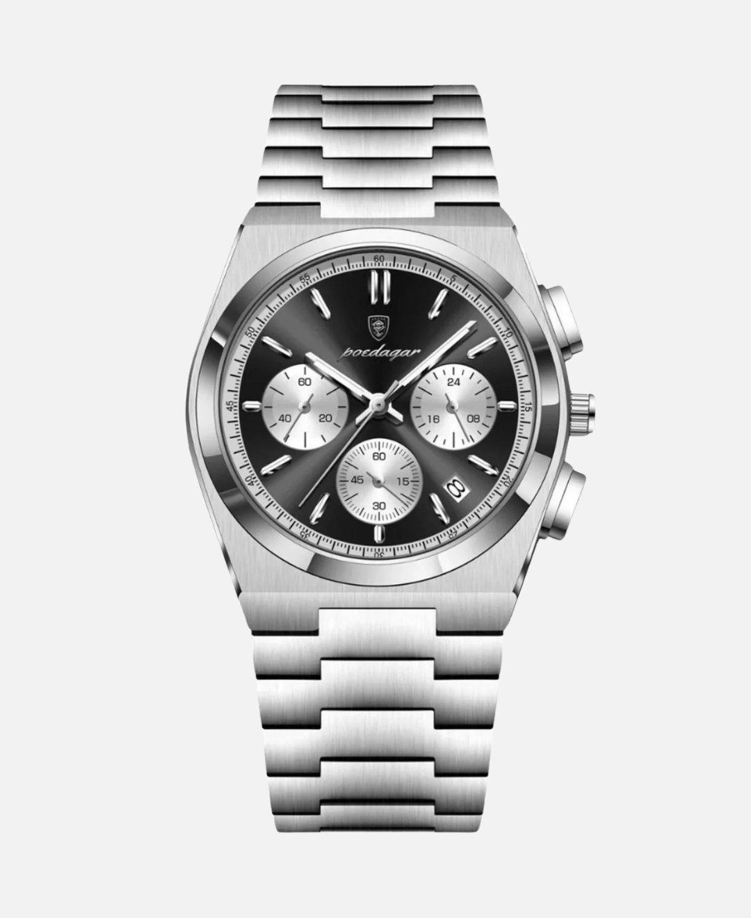 Orionis Chronograph Wristwatch Stainless Steel with Sapphire Crystal, featuring a black dial and silver stainless steel case and bracelet. This luxury men's sports watch has three sub-dials and a date window.