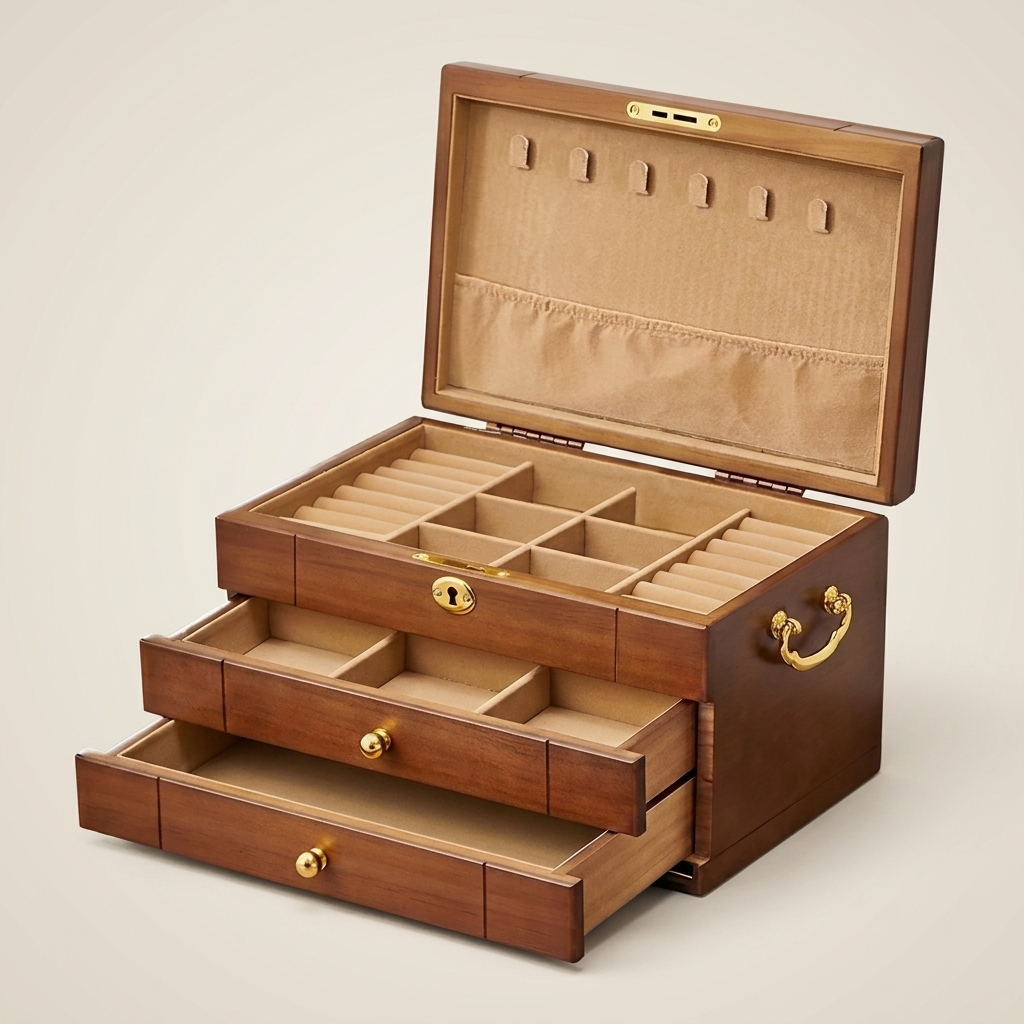 Detail shot of pine rectangular lockable velvet lined jewelry storage box with lock and hook style showing deep velvet-lined compartments