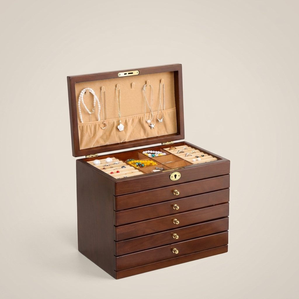 Side profile of pine rectangular lockable velvet lined jewelry storage box with lock and hook style compact size showing smooth wood grain