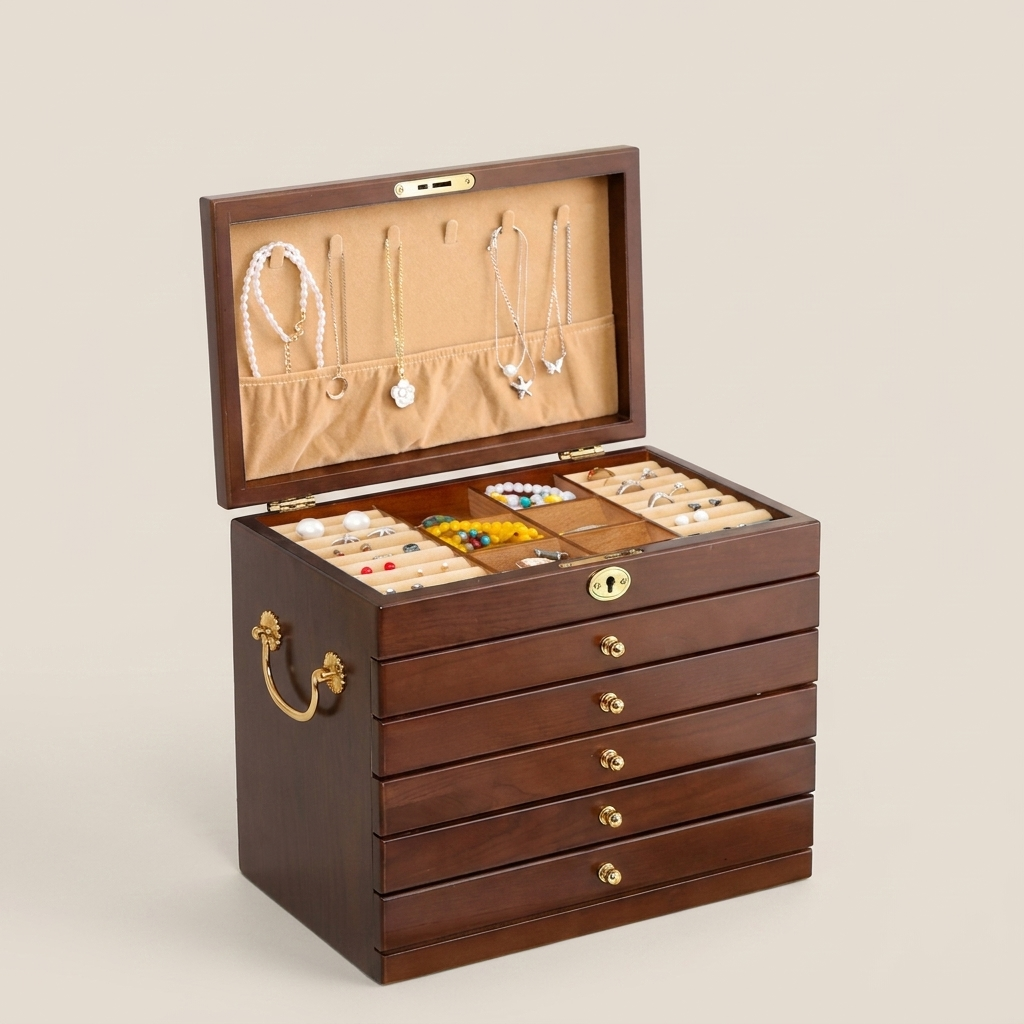 Top-down view of pine rectangular lockable velvet lined jewelry storage box with lock and hook style showing medium depth compartments
