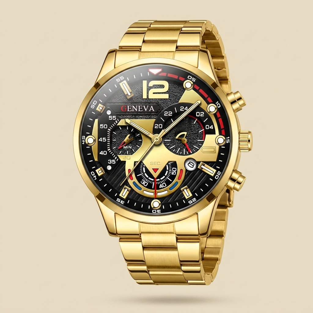 Rose gold alloy round quartz wristwatch lit in ambient room showing slim profile and zinc alloy band
