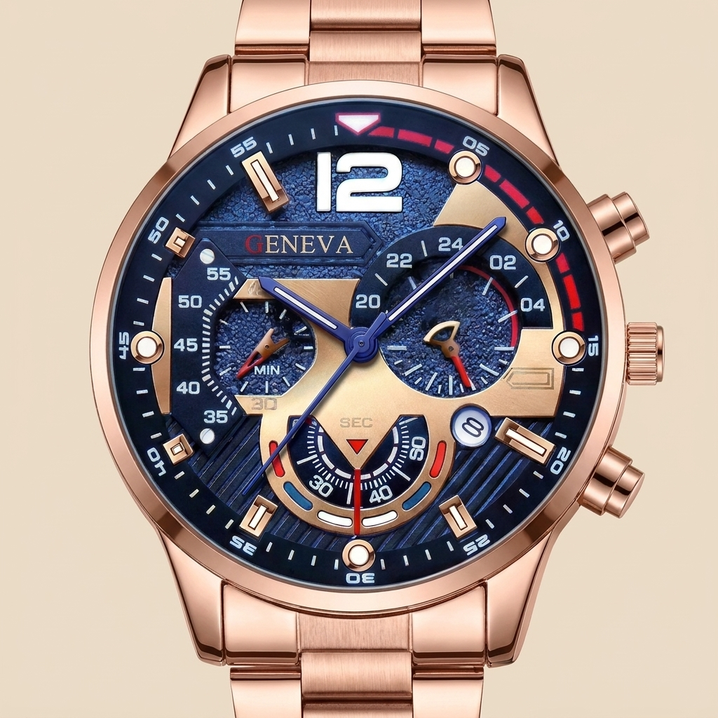 Front detail close-up of rose gold alloy round luminous hands calendar quartz wristwatch showing dial and case
